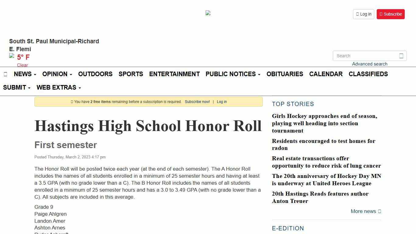 Hastings High School Honor Roll - Hastings Journal